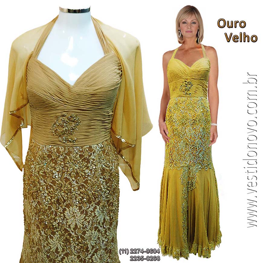 vestido de festa dourado para m�e da noiva, com renda e brilho, em S�o Paulo