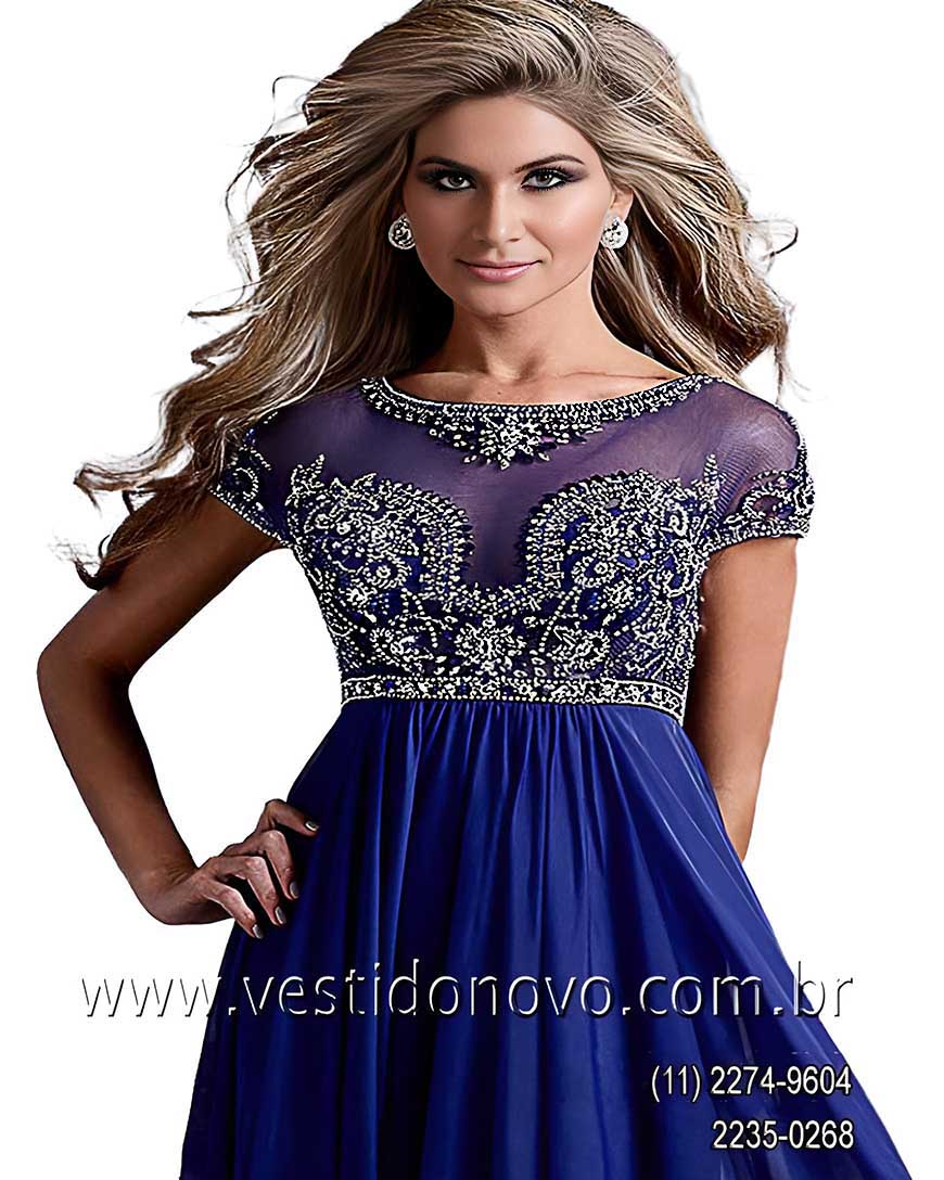 vestido de festa, me da noiva,  azul roya, transparncia, pedraria no busto e manga, em So Paulo