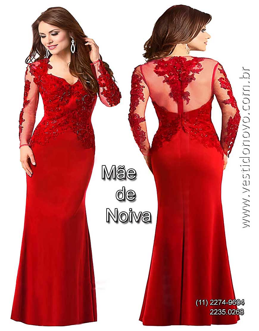 Vestido vermelho, manga comprida segunda pele bordado e pedraria, me da noiva