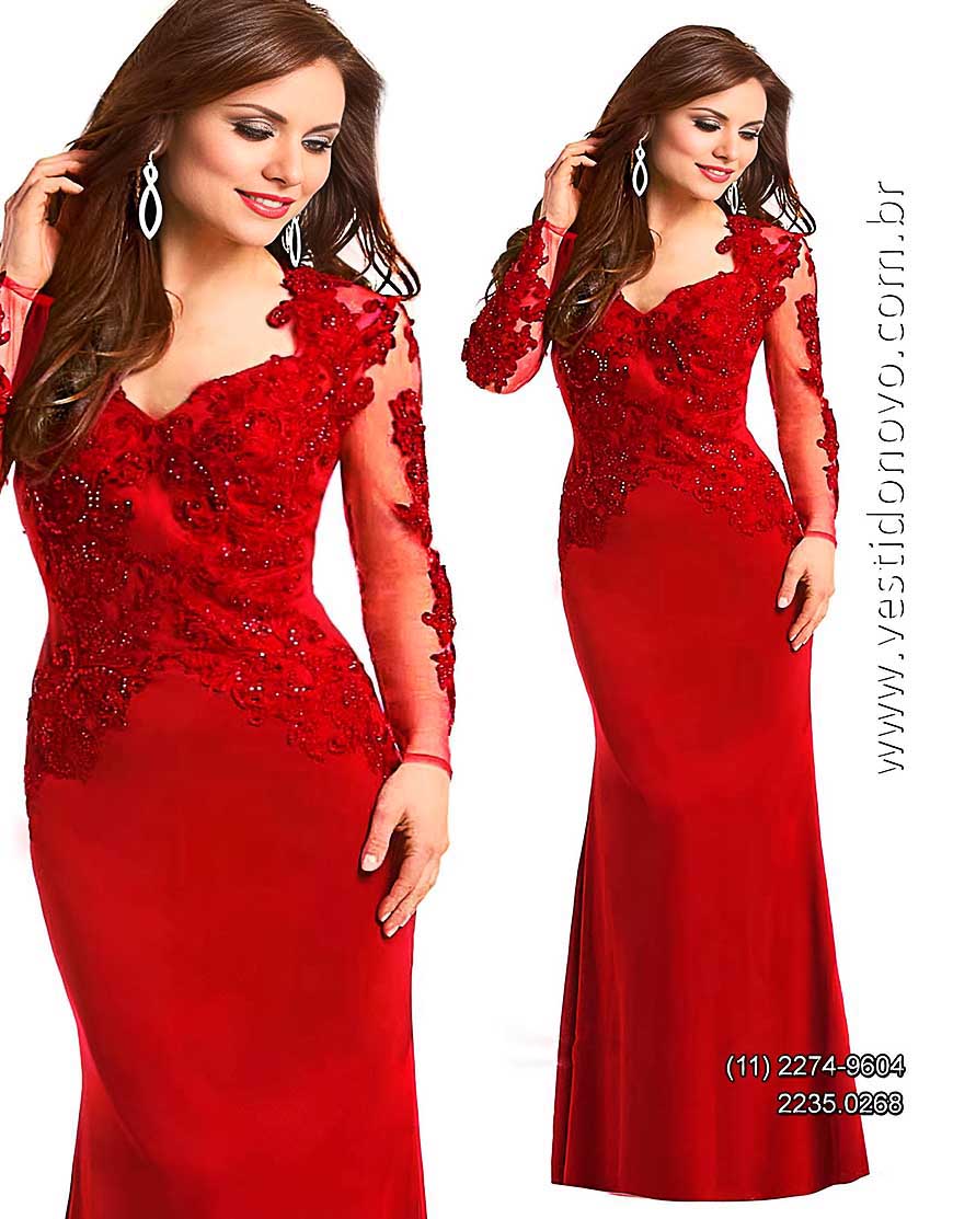 Vestido vermelho, manga comprida segunda pele bordado e pedraria, me da noiva